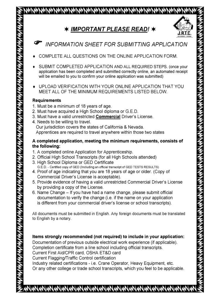 Information Sheet for Submitting Application - Complete all questions on the application form - submit completed application and all required steps (once your application has been completed and submitted correctly online, an automated receipt will be emailed to you to confirm your online application was submitted) - Upload verification with your online application that you meet all of the minimum requirements listed below. Download file to view the rest of the document's contents.